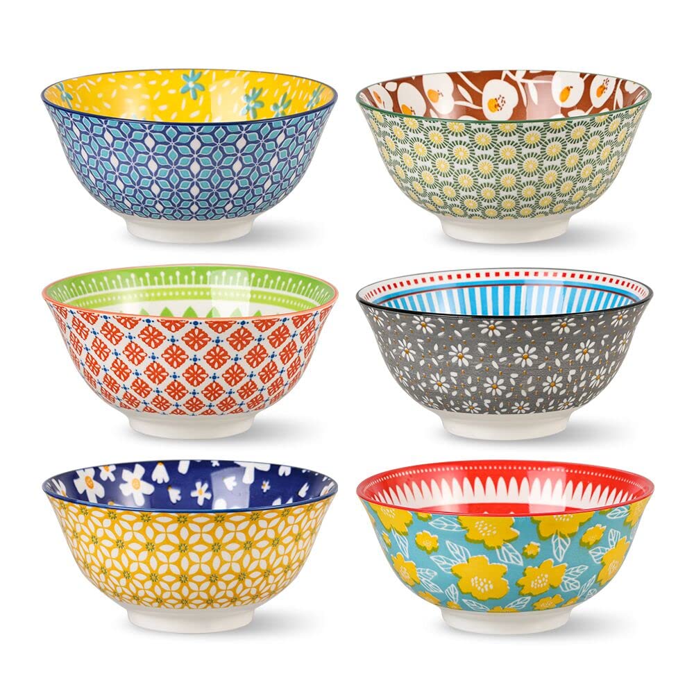 Porcelain Soup Cereal Bowls Set - 6 Deep Ceramic Bowls for Kitchen